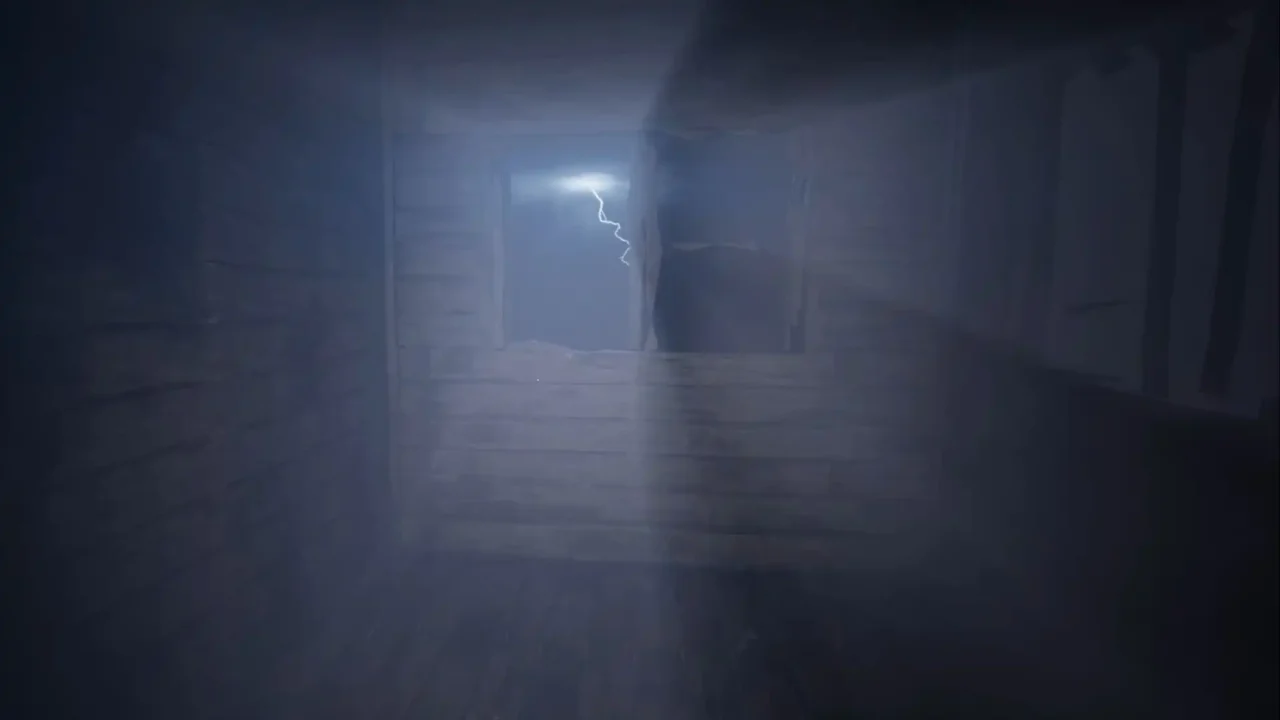 Fall Asleep screenshot of a dim wooden room with a broken window and lightning outside