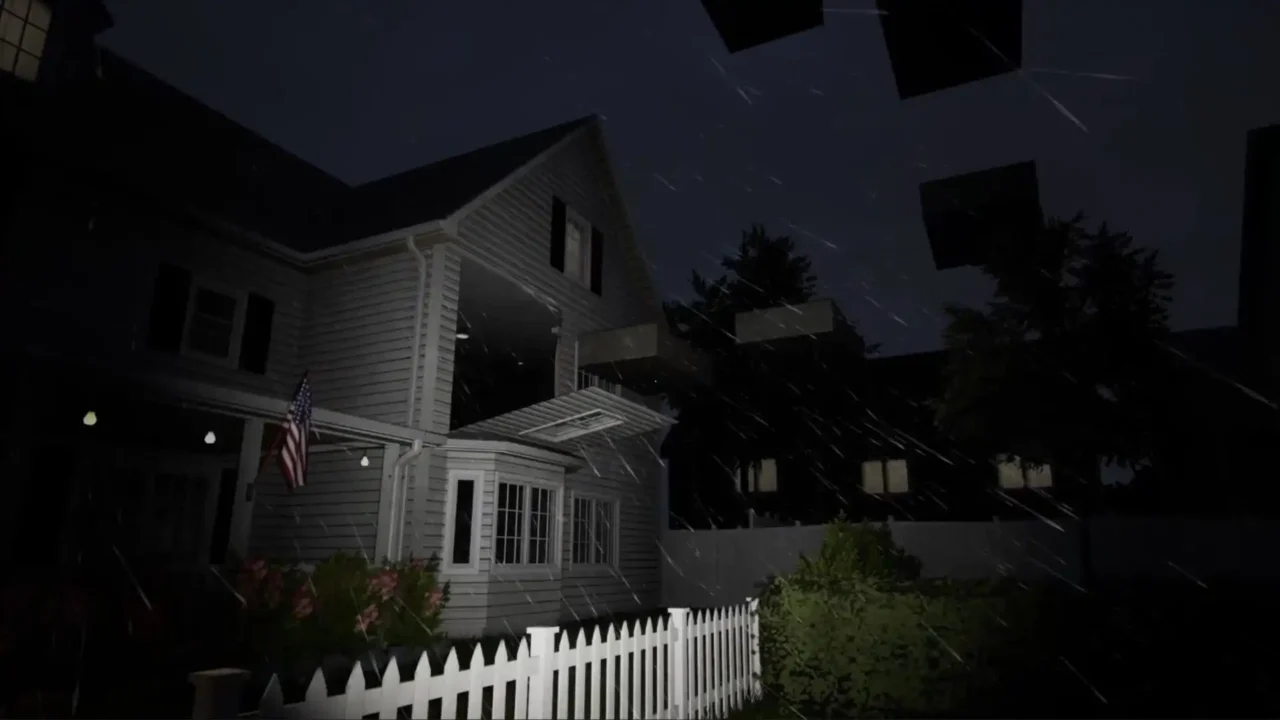 Fall Asleep screenshot showing a house at night in the rain with floating platforms overhead