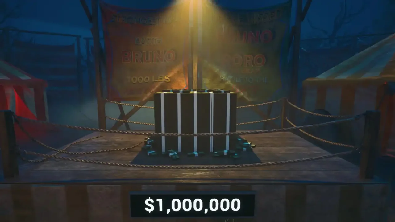 Grave Stakes screenshot showing a roped stage with a large striped prize box and a $1,000,000 sign
