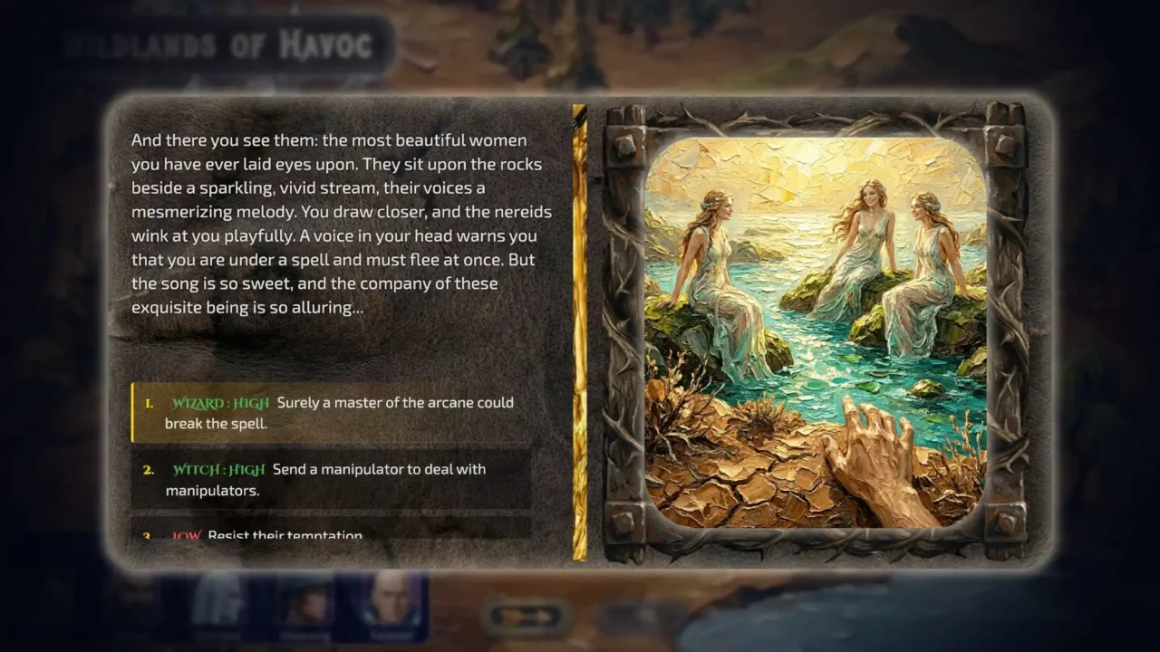 Adventure encounter screen showing narrative text and class-based choices beside an oil-painting style image of three nereids by a stream.
