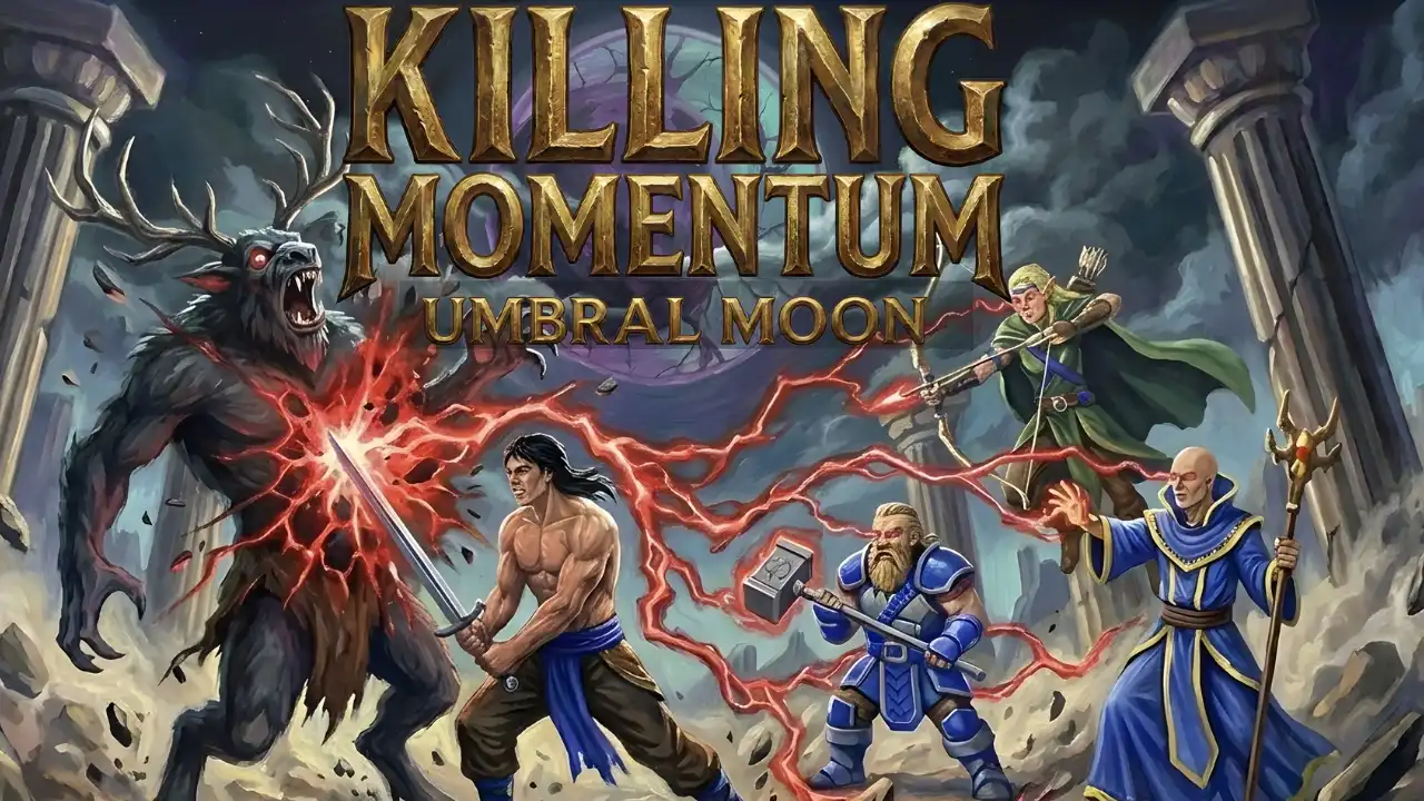 Killing Momentum: Umbral Moon key art showing the party battling a beast as red lightning magic streaks across the scene.