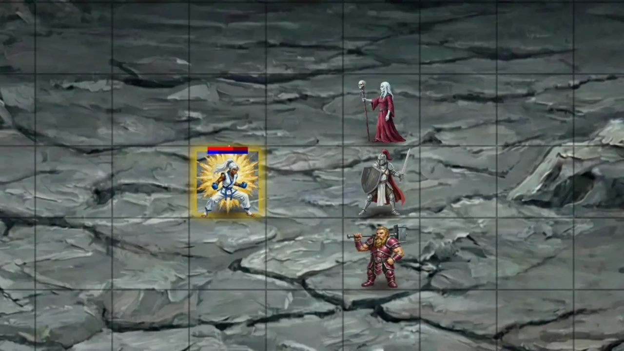 Tactical grid battle screenshot on cracked stone terrain with a highlighted player unit facing a three enemy units.