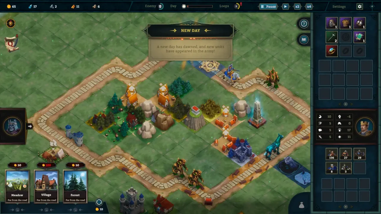 Kingdom Loop battle screen with unit cards and armor penetration text