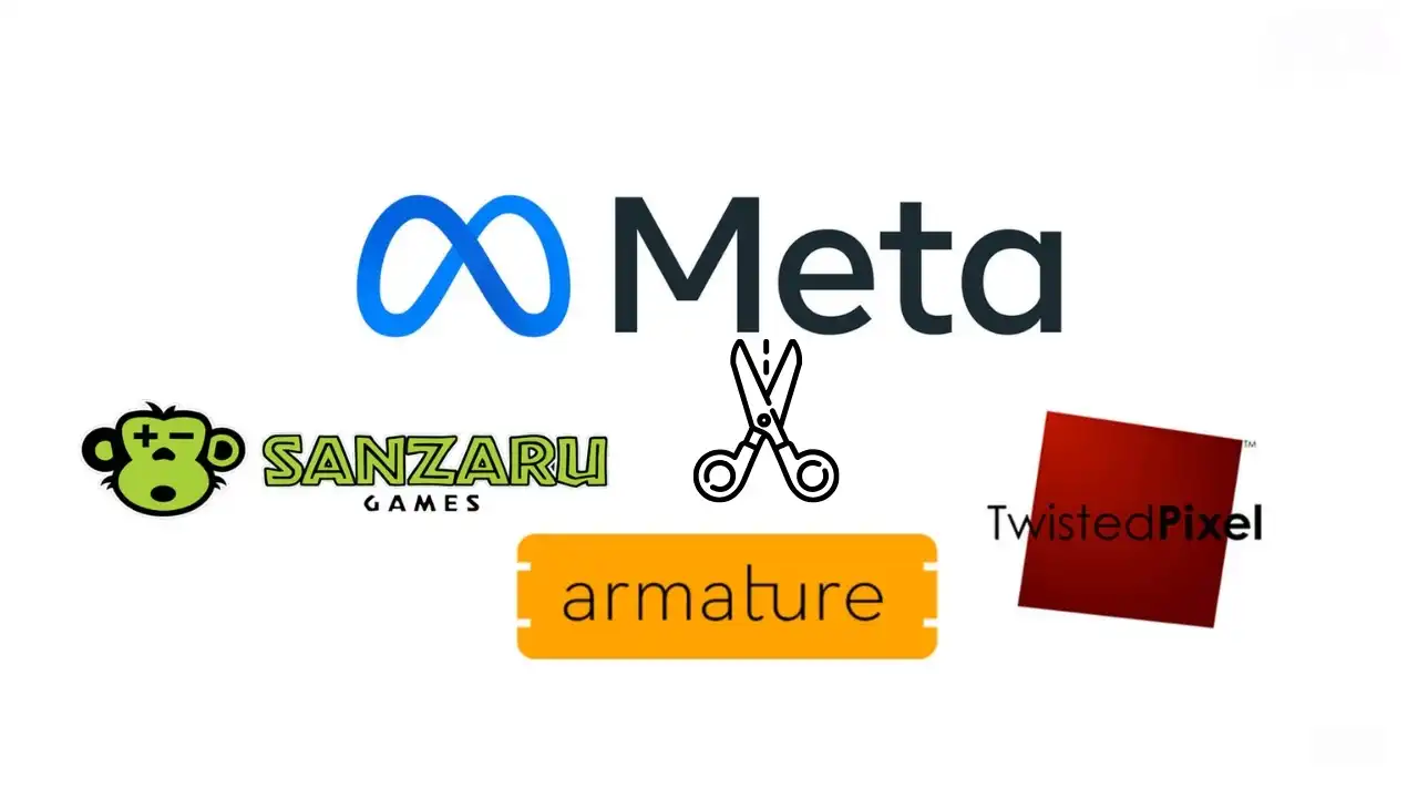 Meta logo with logos of Sanzaru Games, Armature Studio, and Twisted Pixel, representing studio closures under Reality Labs