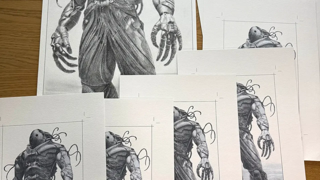 Black-and-white pencil artwork print showing an armored figure, shared by Fred Gambino