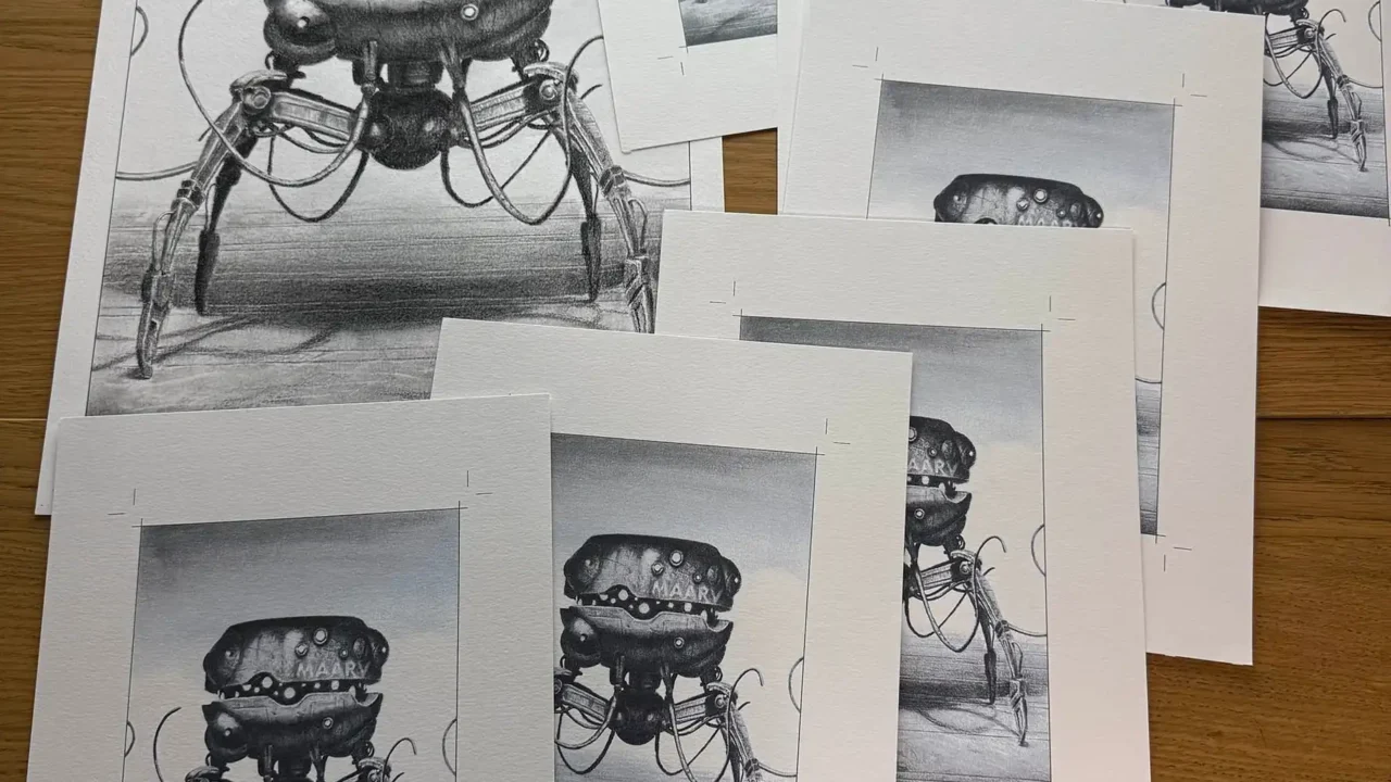 Pencil artwork print of a robotic walker with the word “MAARY” on the body, shared by Fred Gambino