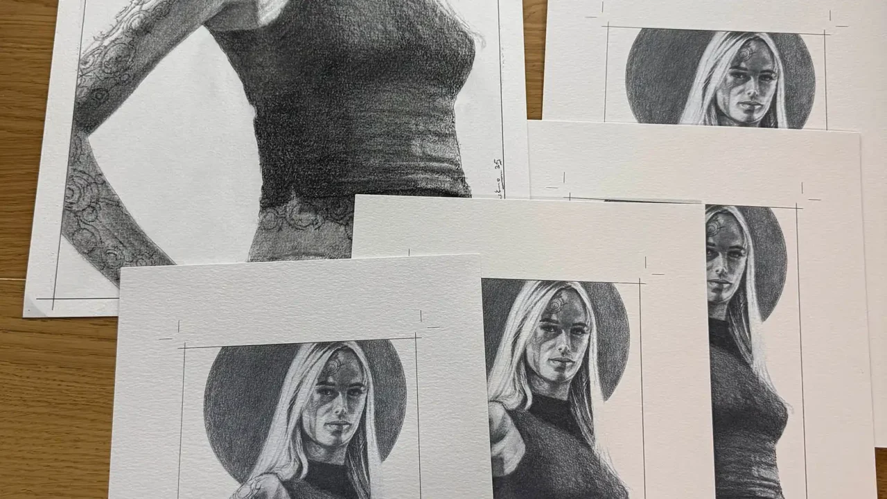 Pencil portrait artwork print of a woman with long hair and a tattooed arm, shared by Fred Gambino