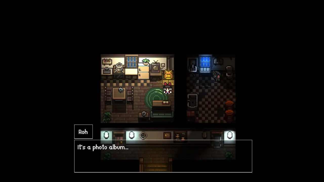 Roh inside a dimly lit home as the dialogue box reads, “It’s a photo album...” in Red Bow: Strange Dream.