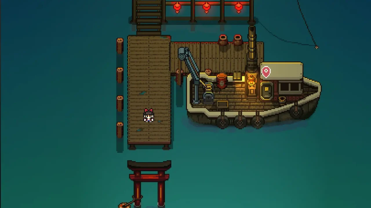 Roh stands on a wooden pier beside a lantern-lit boat on calm water in Red Bow: Strange Dream.