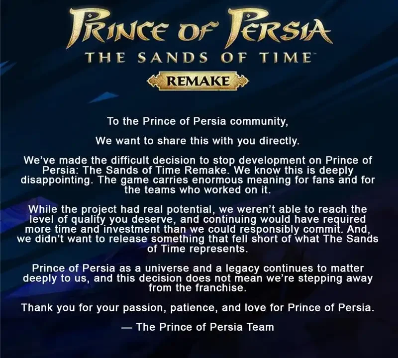 Ubisoft statement graphic confirming development has stopped on Prince of Persia The Sands of Time Remake