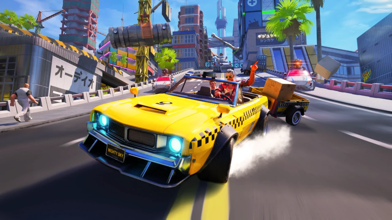 Taxi Chaos 2 screenshot of a yellow taxi drifting on a city bridge with police cars behind