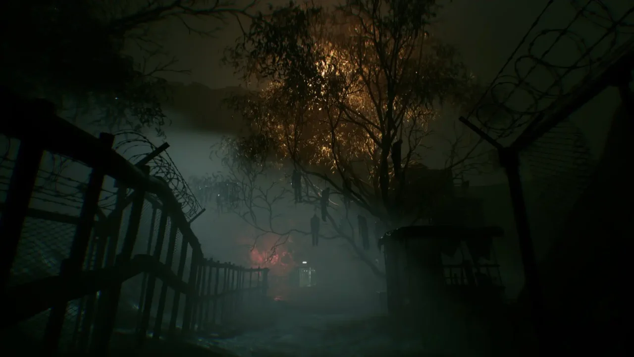 Foggy yard with hanging bodies and barbed-wire fencing in The 9th Charnel Demo