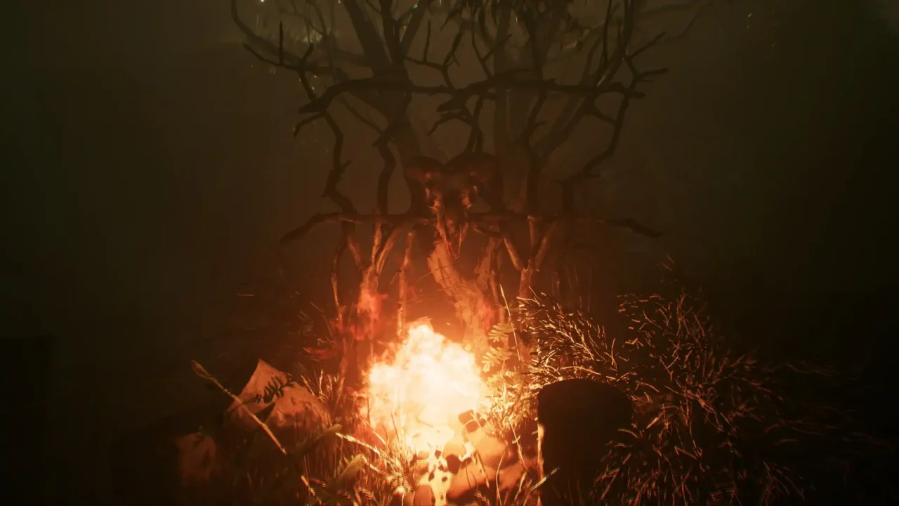 Horned skull effigy glowing above a bonfire in The 9th Charnel Demo