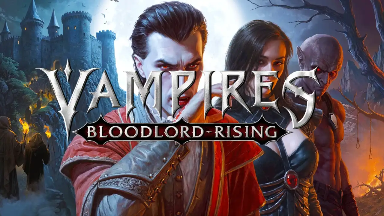 Vampires: Bloodlord Rising key art showing Dragos and two vampires with a gothic castle under a full moon.