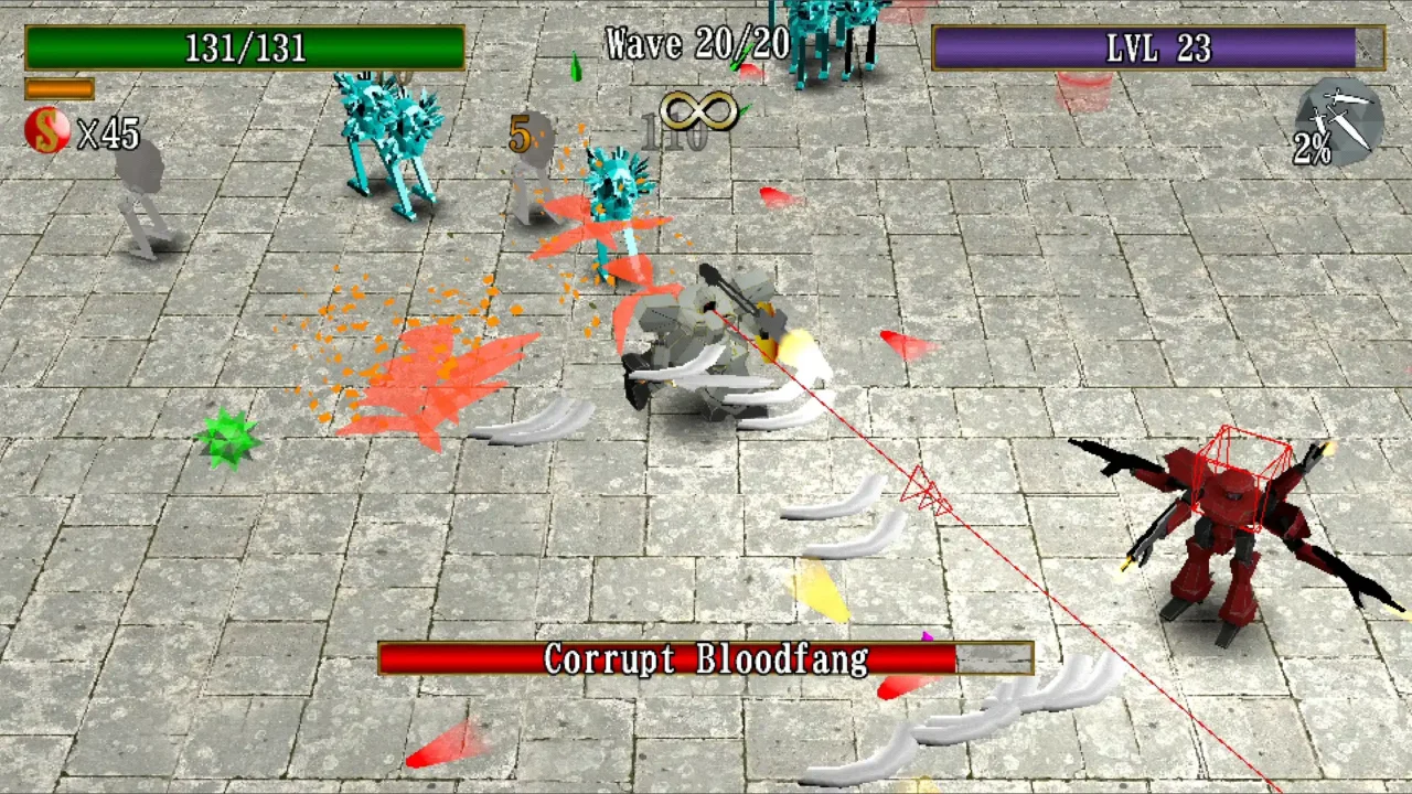 Vital Shell gameplay screenshot showing the Corrupt Bloodfang boss during Wave 20 of 20