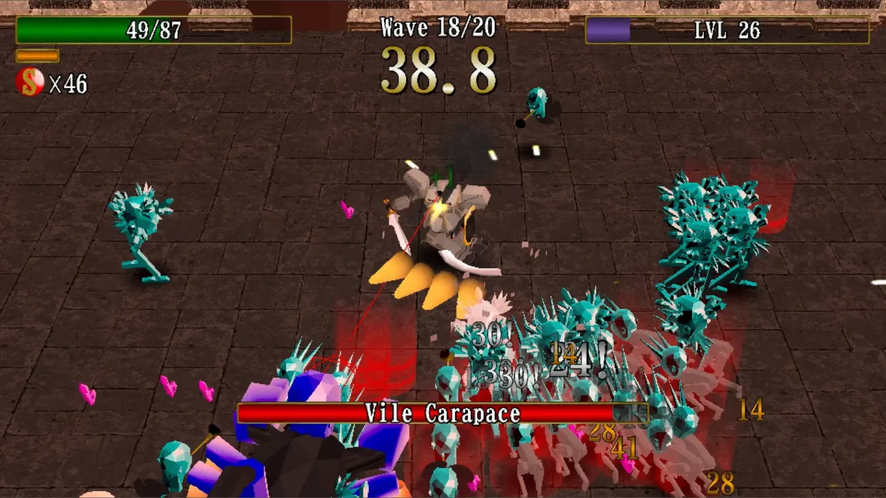 Vital Shell gameplay screenshot showing the Vile Carapace boss during Wave 18 of 20