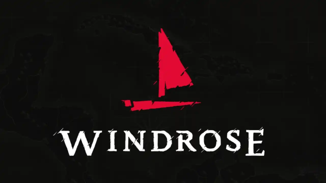 Windrose logo with a red sail icon above the word “Windrose” on a dark map-style background.