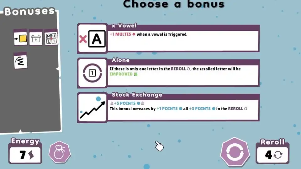 Wordatro bonus selection screen showing “Choose a bonus” with options like “+ Vowel”, “Alone”, and “Stock Exchange”
