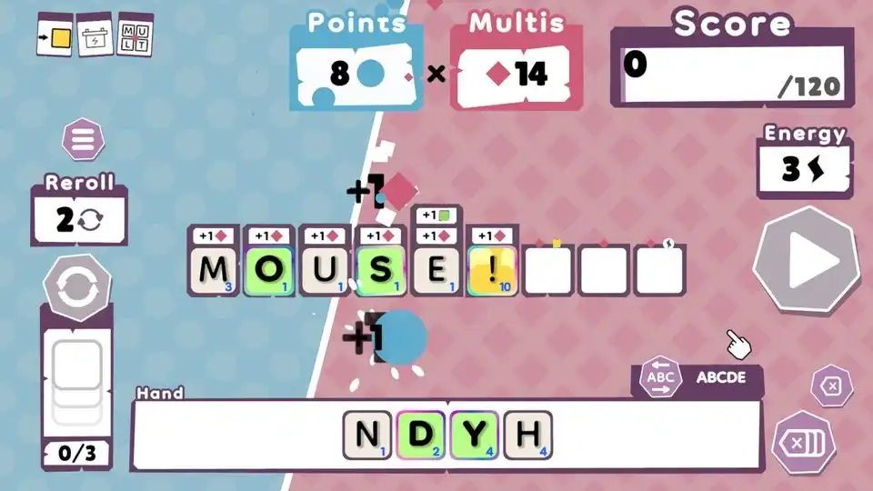Wordatro gameplay screen showing the word “MOUSE!” being played with points and multis scoring, plus energy and reroll UI