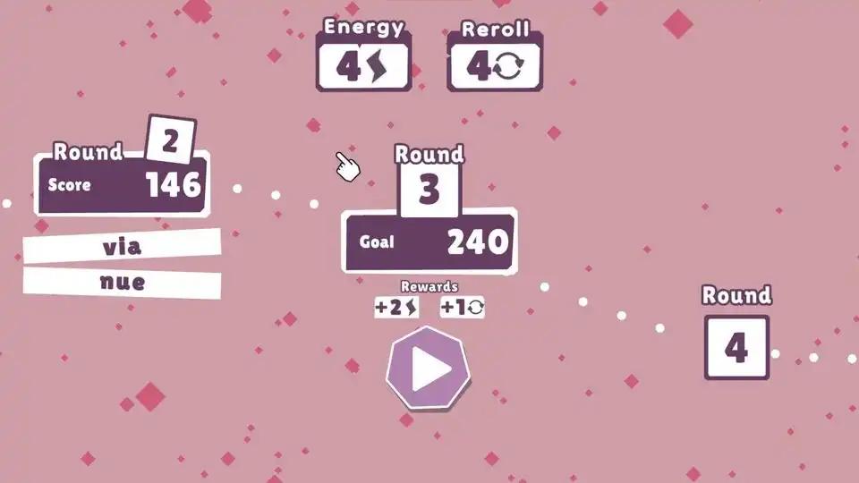 Wordatro round screen showing Round 2 score 146, Round 3 goal 240, with energy and reroll counters