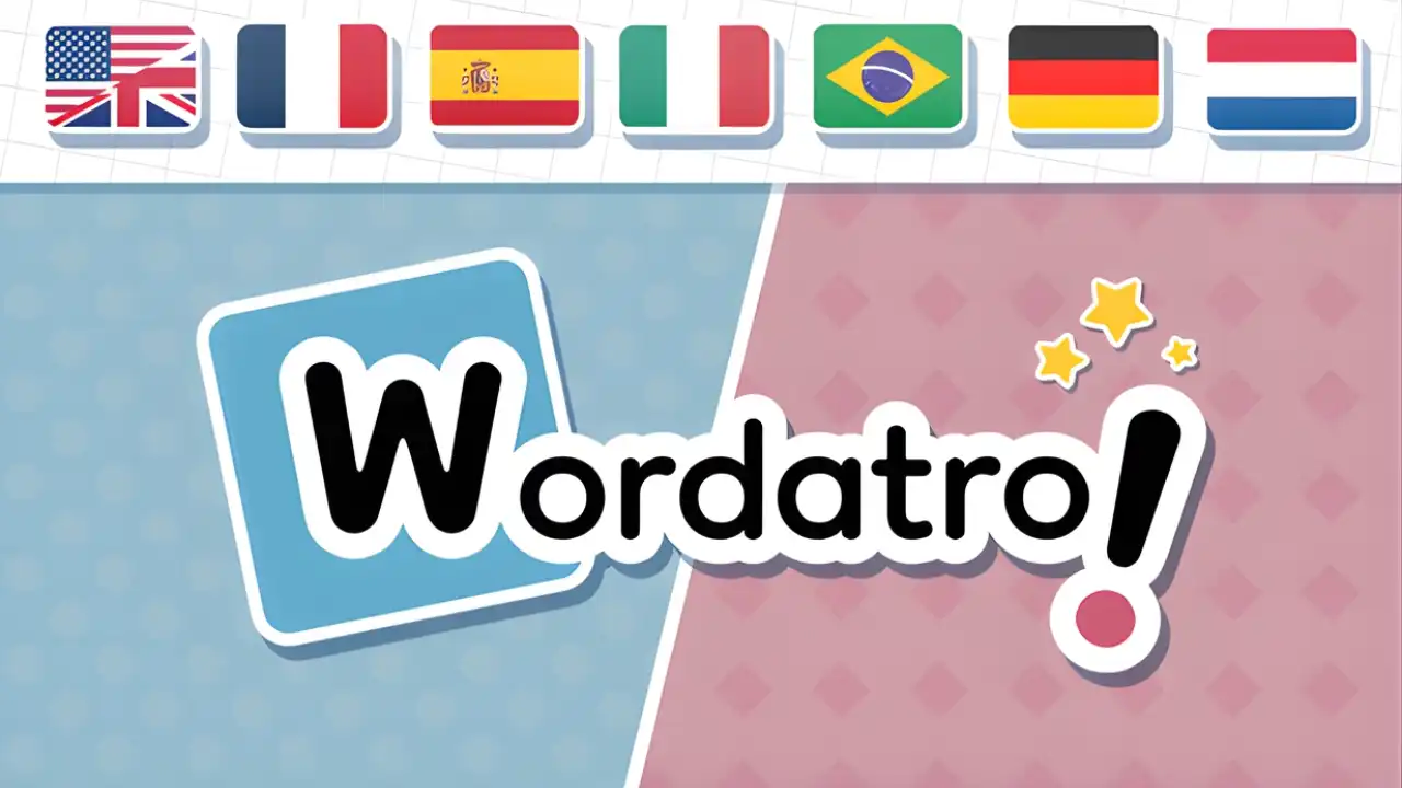 Wordatro logo on a split blue and pink background with language flags along the top