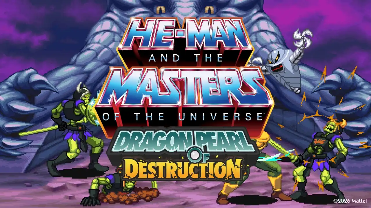 He-Man and the Masters of the Universe: Dragon Pearl of Destruction key art showing the game logo over a pixel-art battle scene.
