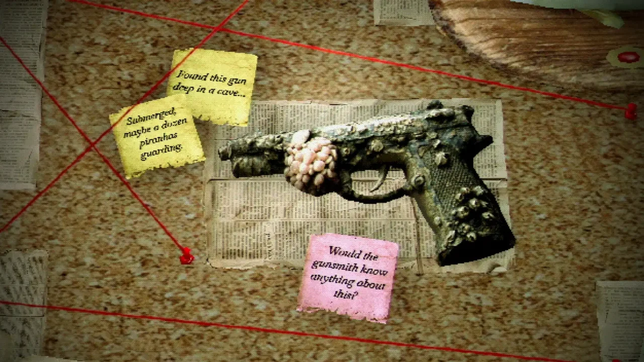 About Fishing evidence board screen showing a gun on paper with red string lines and handwritten notes