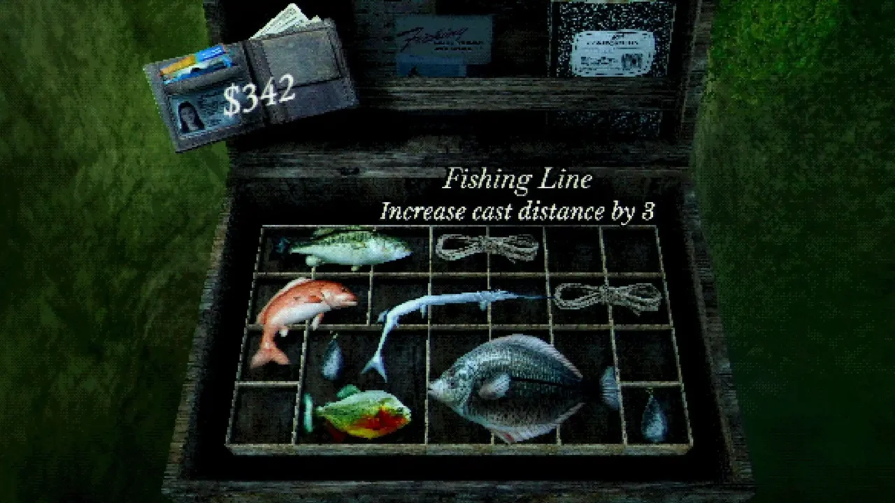 About Fishing inventory screen showing fish items and a Fishing Line upgrade that increases cast distance