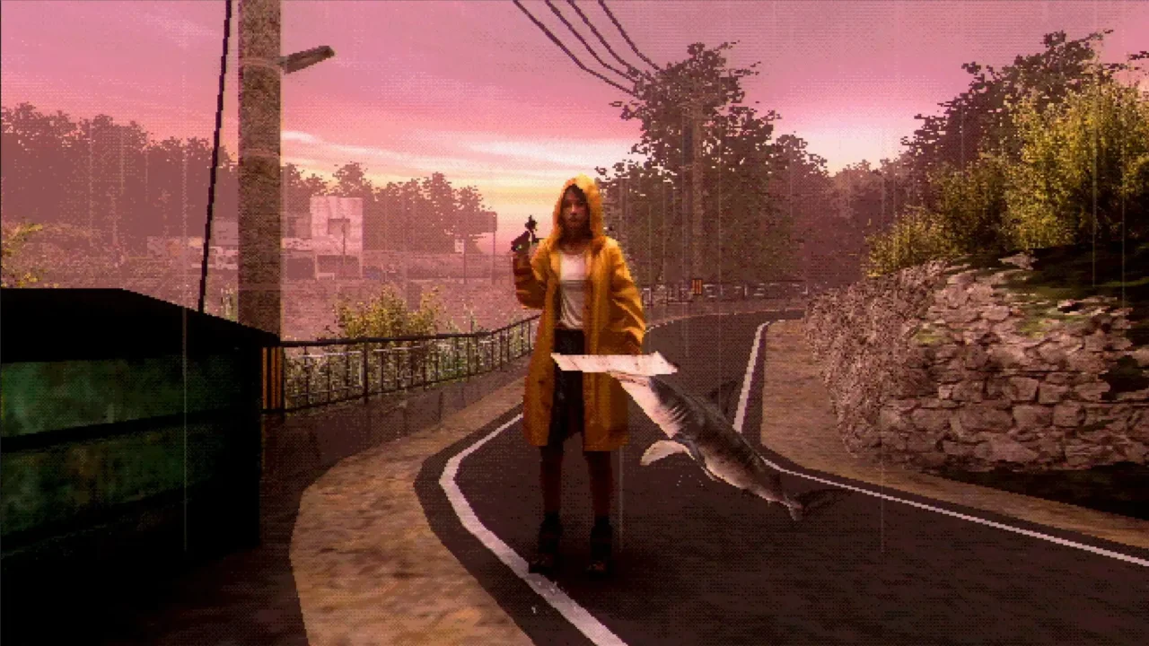 About Fishing screenshot of a character in a yellow raincoat standing on a road at sunset with a large fish