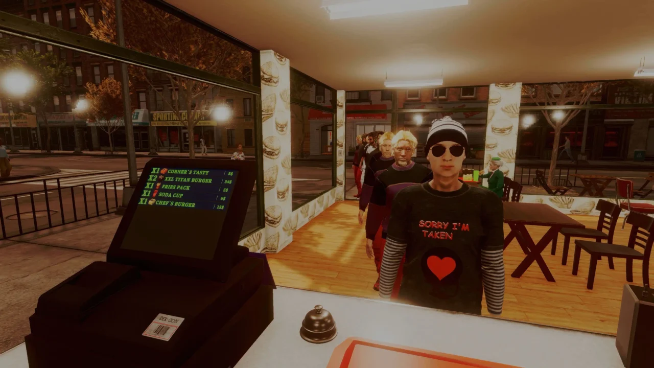 A line of customers waits at the counter next to the order screen in Corner Kitchen Fast Food Simulator.