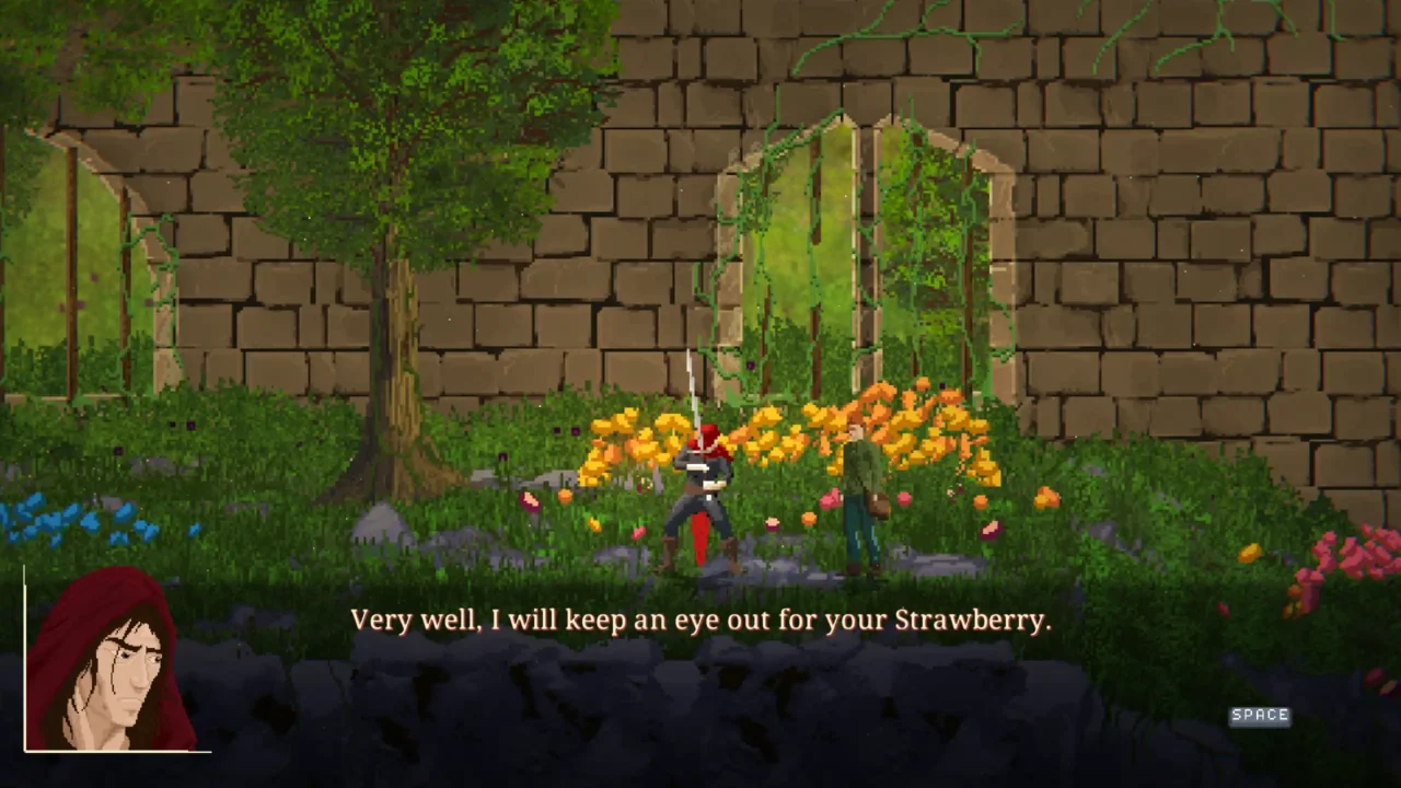 Dialogue scene in overgrown stone ruins with flowers; on-screen text says, “Very well, I will keep an eye out for your Strawberry.”