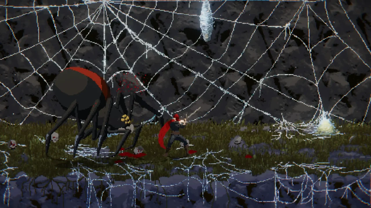 Player character facing a massive spider in a web-filled cavern with blood and bones on the ground.