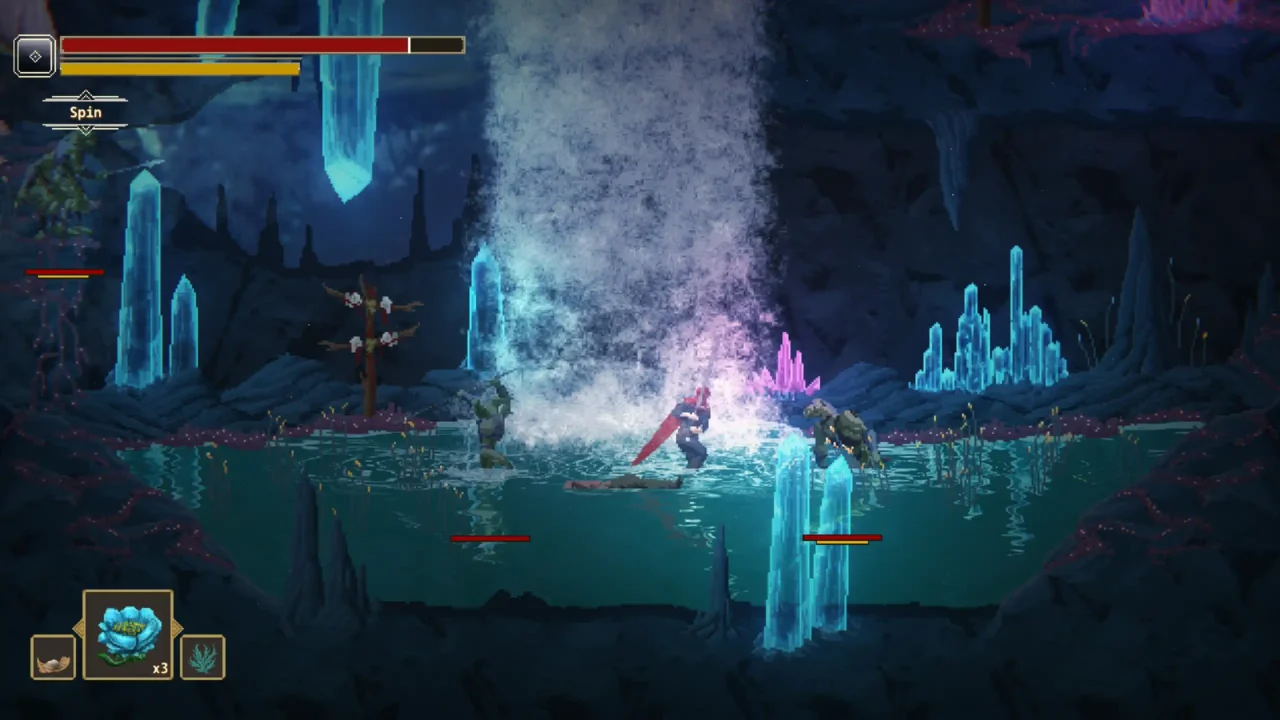 Character using a spinning attack in an icy cavern, fighting enemies in shallow water with glowing blue crystals.