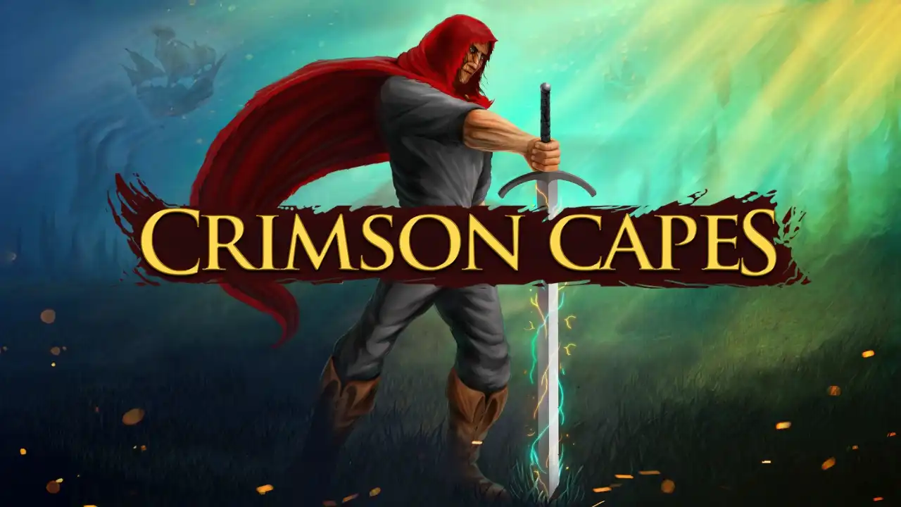 Crimson Capes key art showing a red-caped warrior holding a sword, with the Crimson Capes logo across the center.