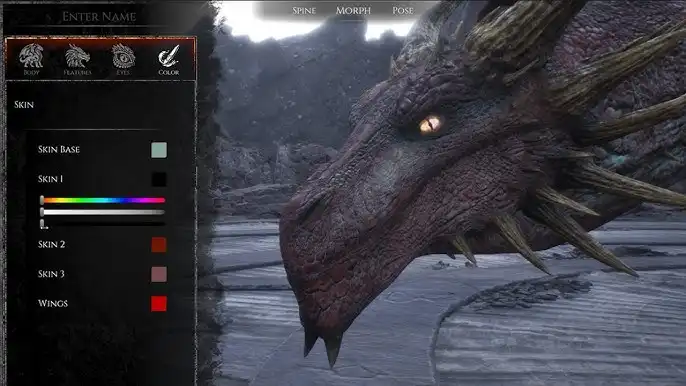 Dragontwin dragon customization screen showing skin color options and sliders