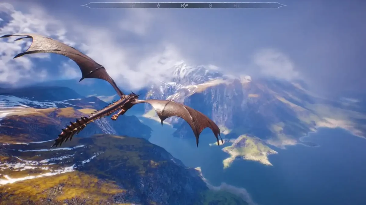 Dragon flying over mountains and coastline in Dragontwin’s open world