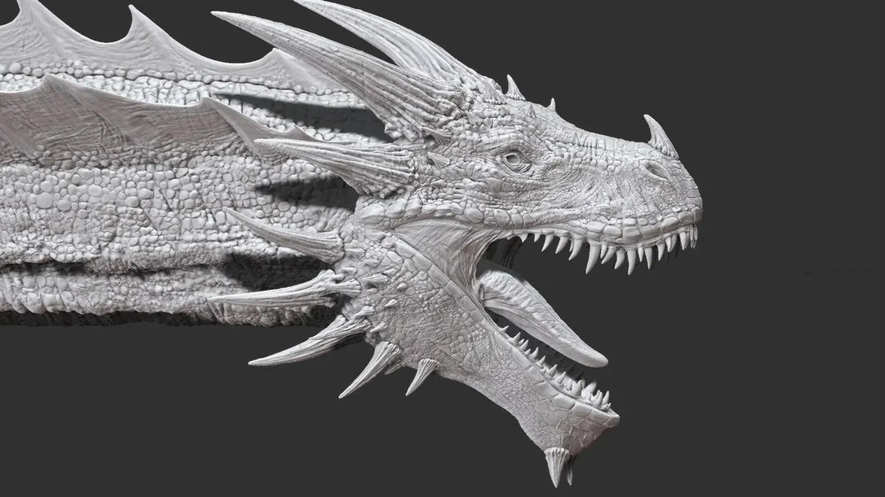 Close-up of a detailed dragon head 3D sculpt for Dragontwin