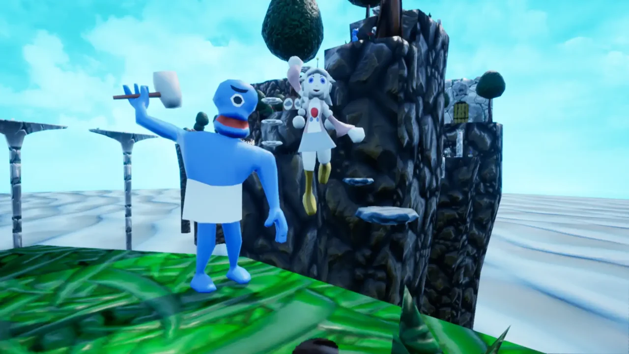 Two characters on a floating island area in Droplet: States of Matter, one holding a mallet.