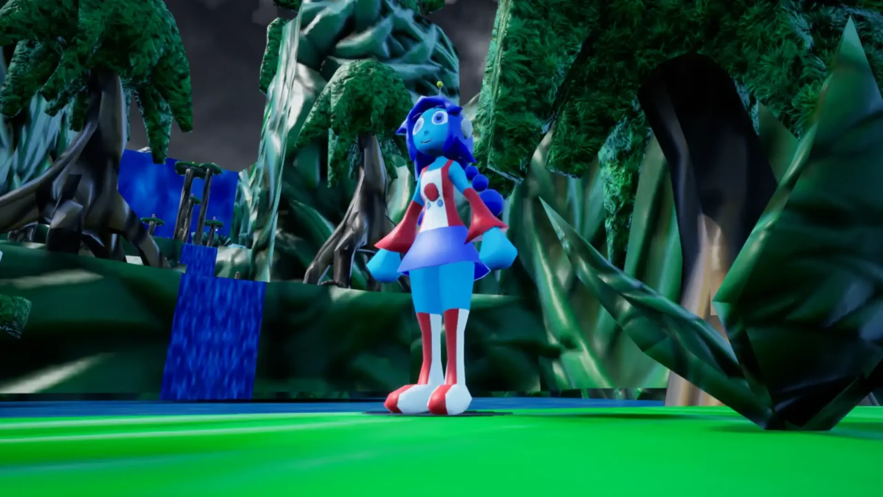 Character standing in a lush forest area with a waterfall in Droplet: States of Matter.