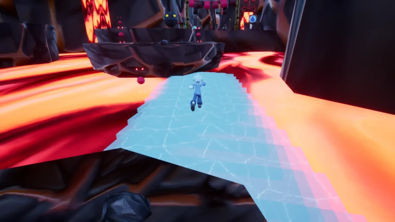 A character runs along an ice bridge over lava in Droplet: States of Matter.
