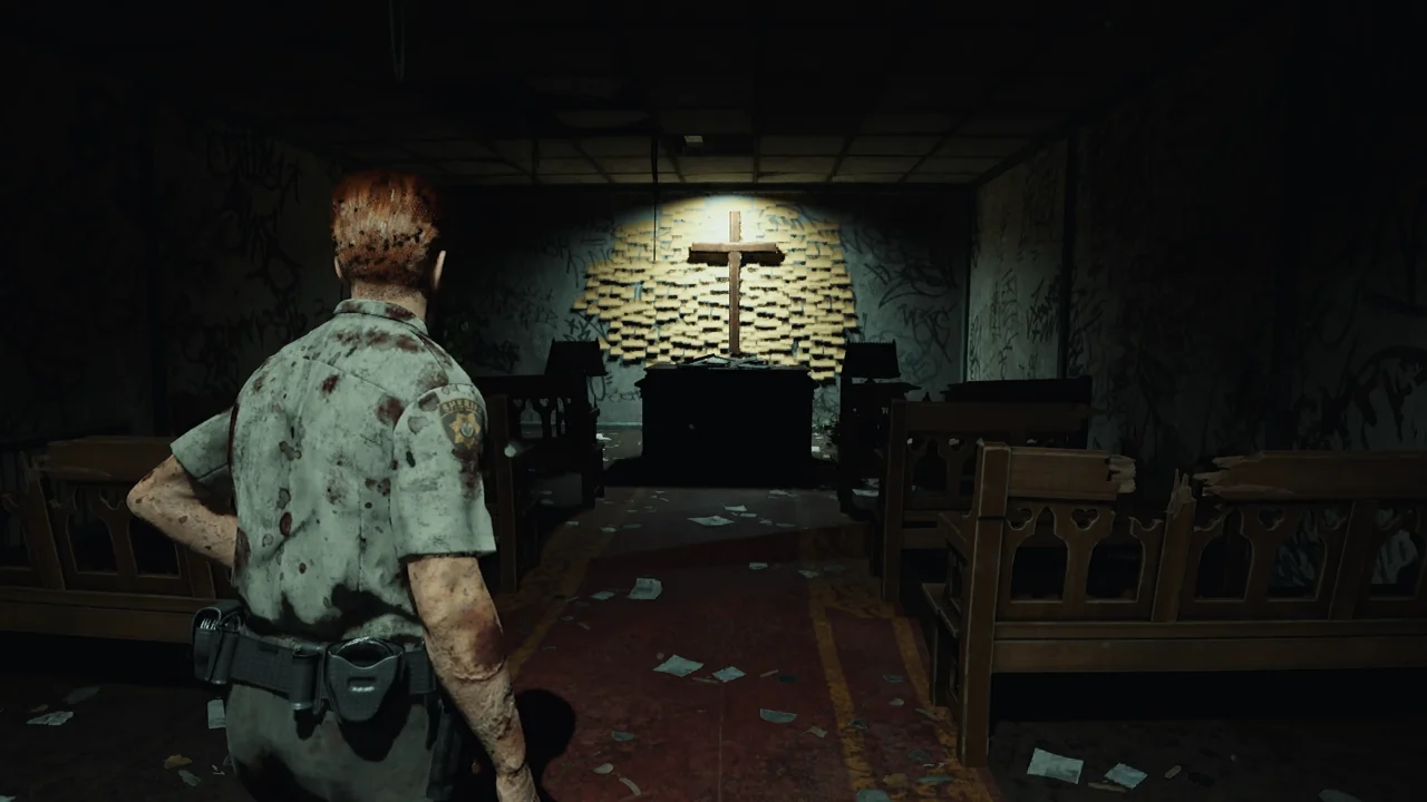 Sheriff faces a makeshift altar with a cross in a graffiti-covered room