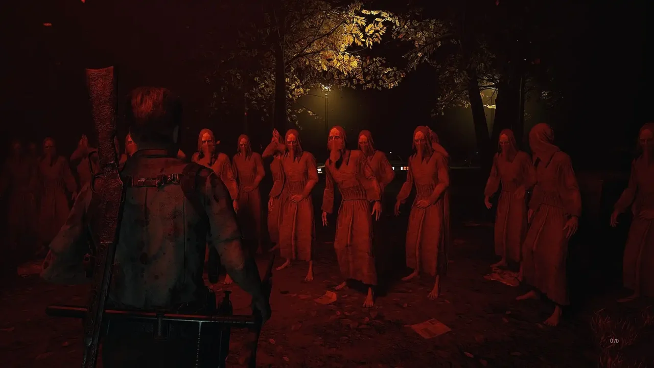 Sheriff faces a crowd of robed figures in a red-lit outdoor scene