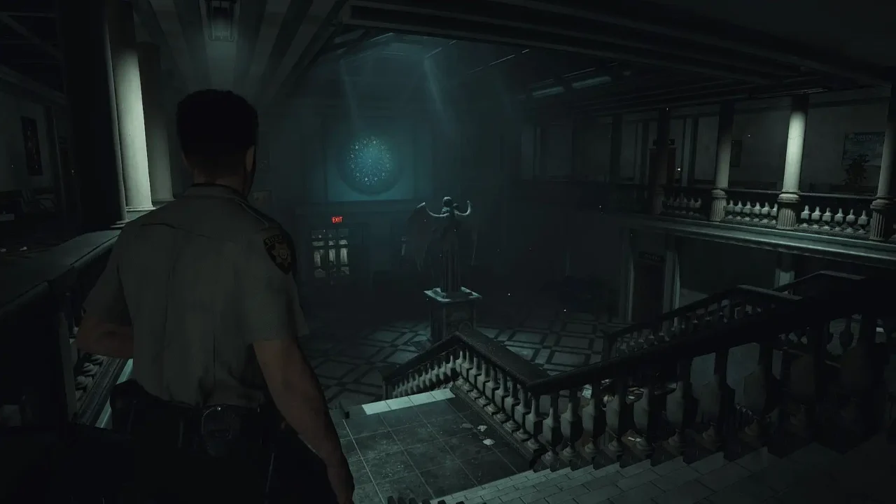 Sheriff in a grand hall overlooking a statue beneath a blue glow