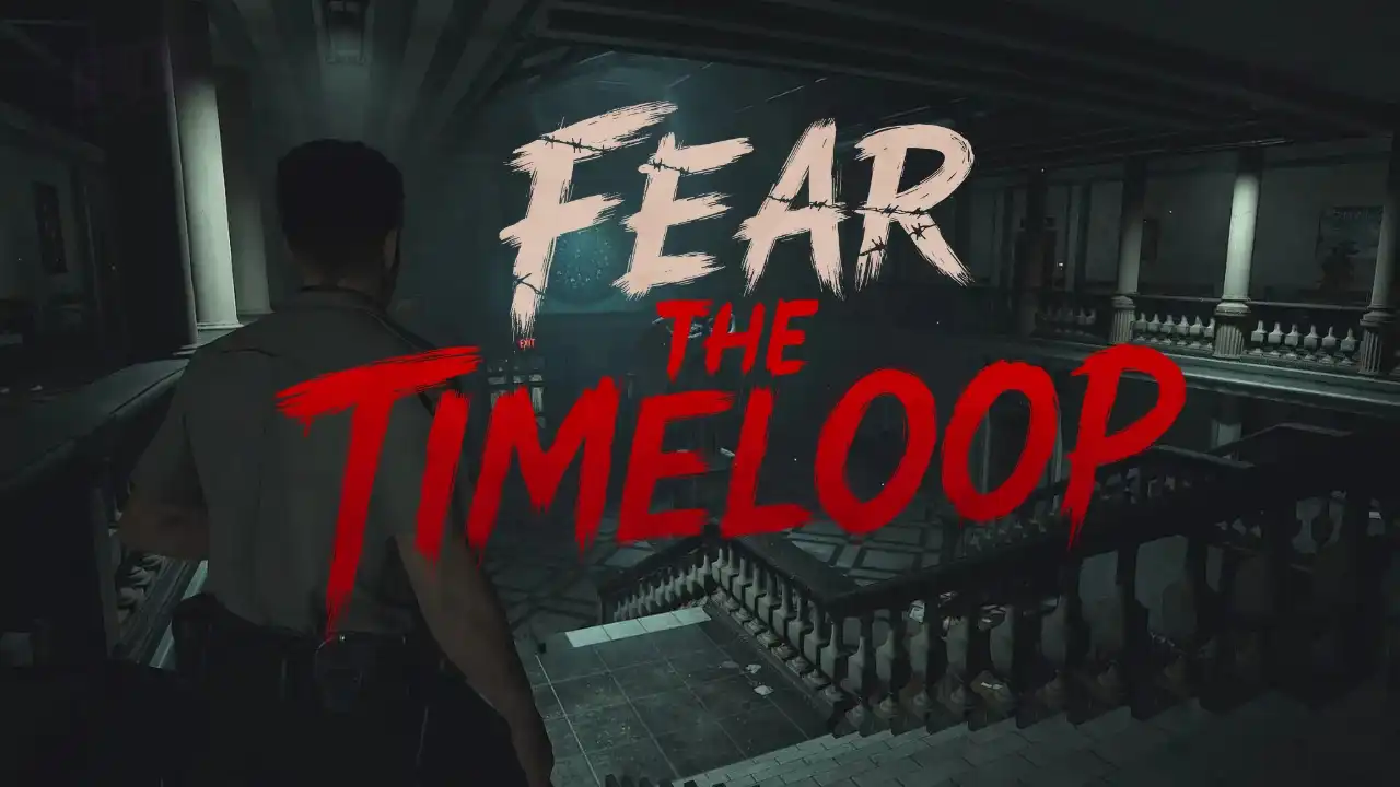 Fear The Timeloop title screen over a dark hallway interior