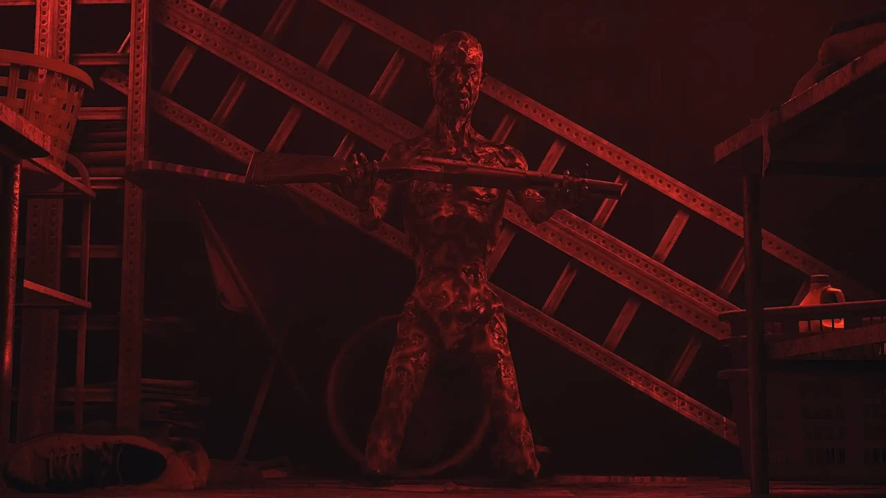 Red-lit humanoid figure holding a double-barrel shotgun beneath steel beams