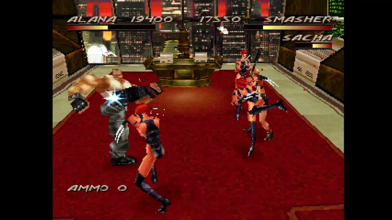 Fighting Force Collection gameplay screenshot of Alana fighting enemies in an interior room with health bars and ammo counter.