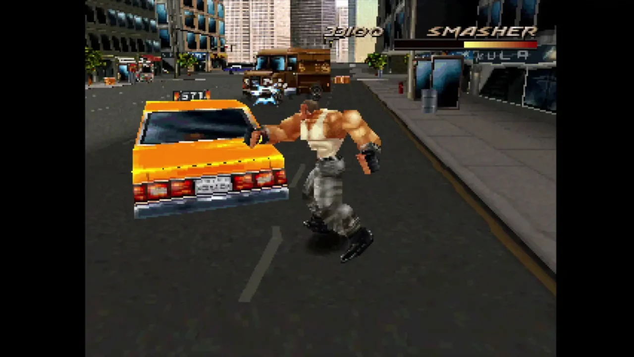 Fighting Force Collection gameplay screenshot of a street fight beside a yellow taxi, with enemies and HUD elements visible.
