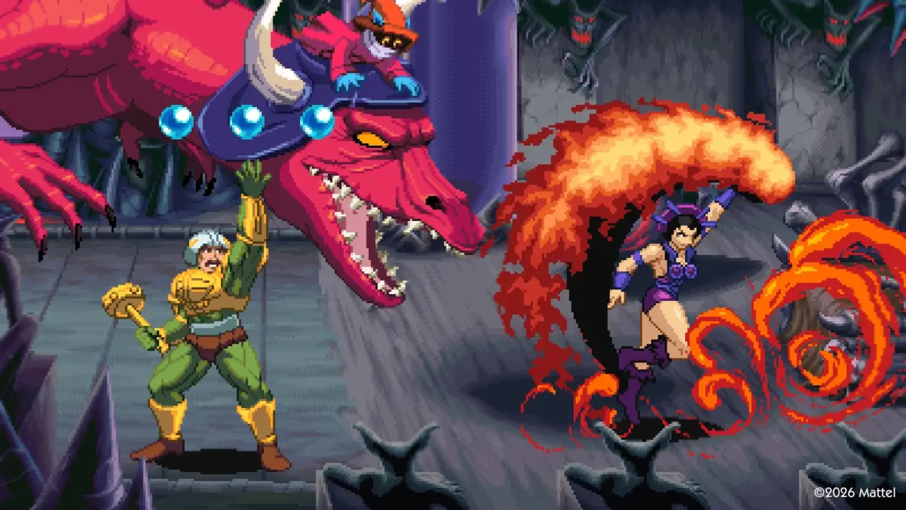 He-Man battles enemies in a pixel-art combat scene inside a dark Eternia setting in Dragon Pearl of Destruction.