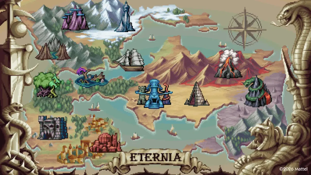 A pixel-art map of Eternia showing major regions and landmarks in He-Man and the Masters of the Universe: Dragon Pearl of Destruction.