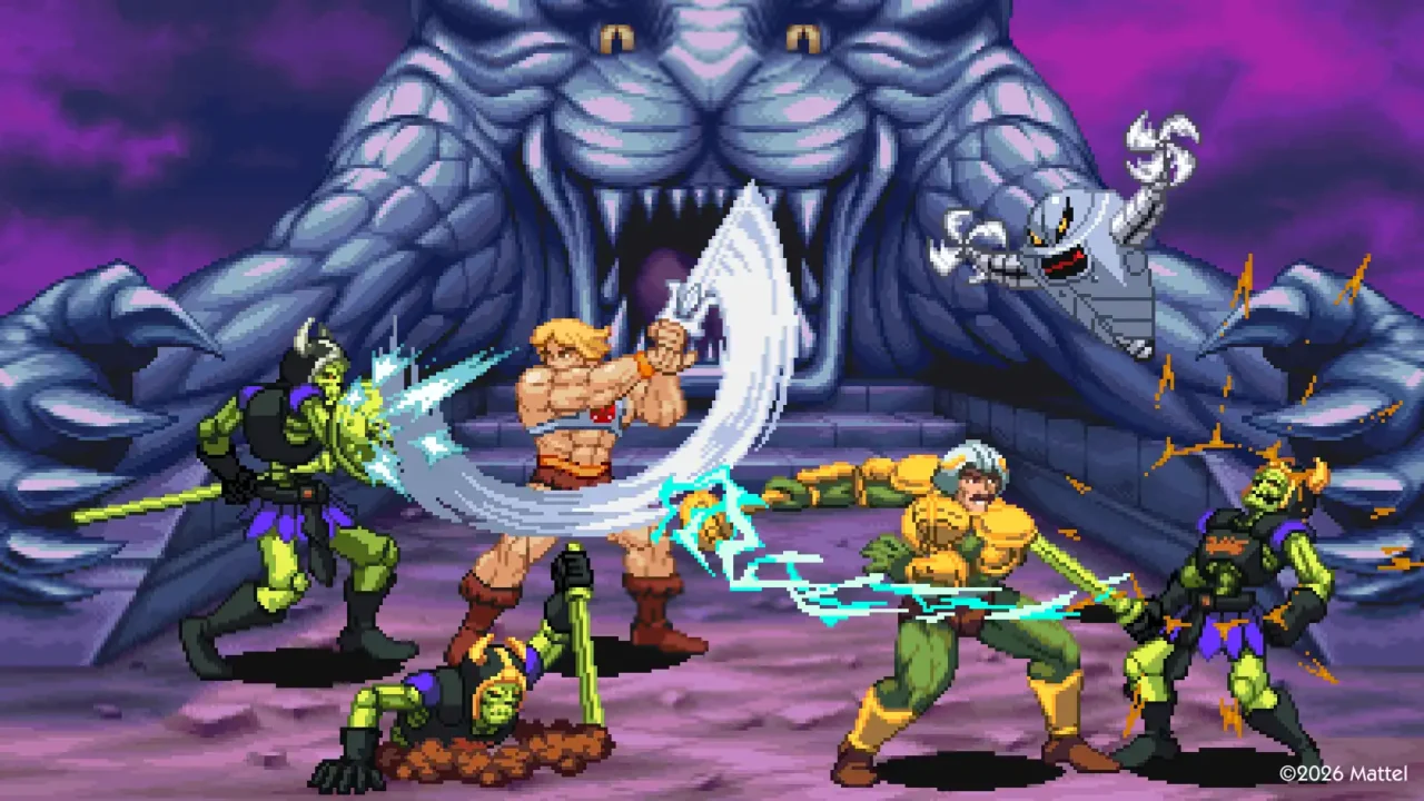 Man-At-Arms and Evil-Lyn appear in a dramatic pixel-art action scene with a dragon in Dragon Pearl of Destruction.